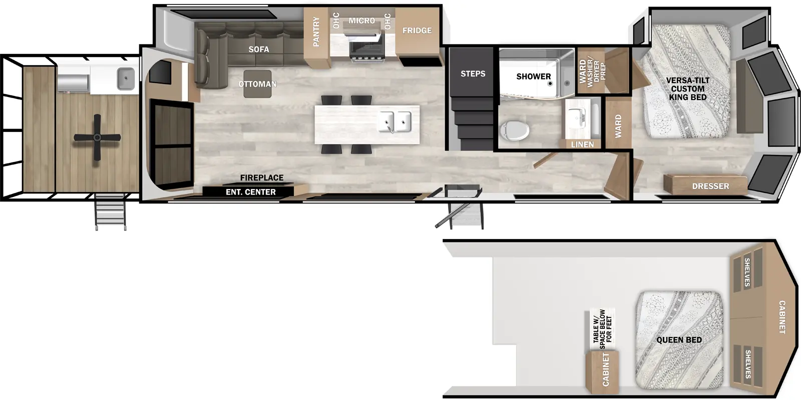 The Salem Villa 42VERANDA floorplan has two entries and two slide outs. Exterior features include: fiberglass exterior, 18' & 13' awning and outside kitchen. Interiors features include: loft, kitchen island, front bedroom, two bedrooms and rear living.